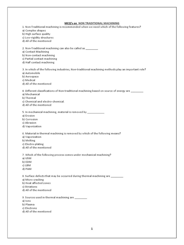 Advance Manufacturing Processes MCQ S 1 PDF PDF Laser Anode