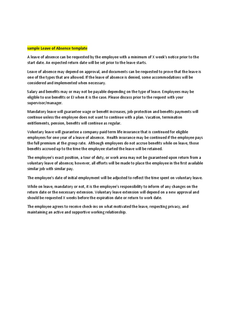 Sample Leave of Absence Template | PDF