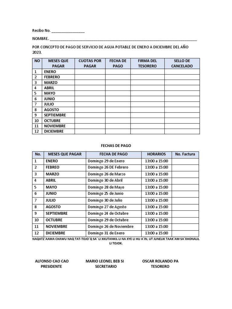 Calendario de Pago de Servicio de Agua Potable 2023 | PDF