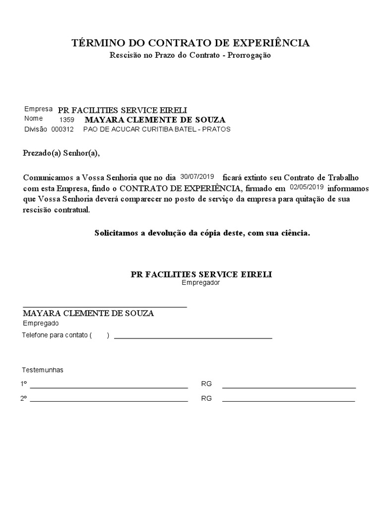 Rescisão de Contrato de Experiência | PDF