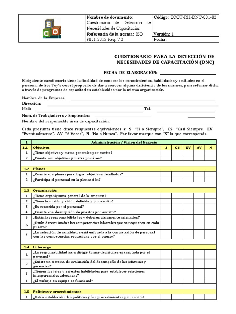 Cuestionario DNC para Capacitación | PDF | Toma de decisiones | Economias