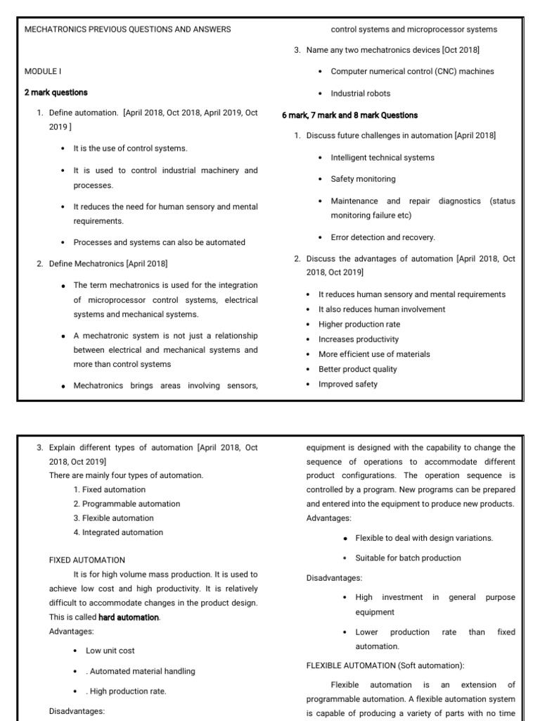 mechatronics previous year questions and answers | PDF
