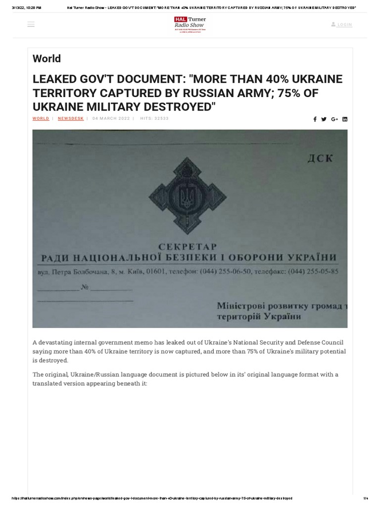 Leaked Gov't Document - More Than 40% Ukraine Territory Captured by ...
