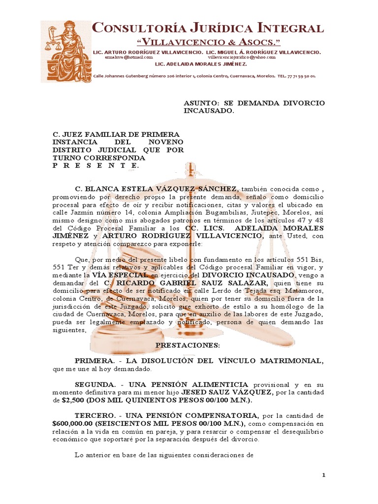 Demanda de Divorcio Incausado en Morelos | PDF | Divorcio | Demanda ...