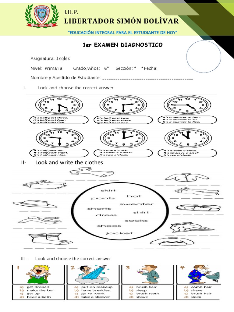 Examen Diagnóstico Inglés 6 Primaria | PDF