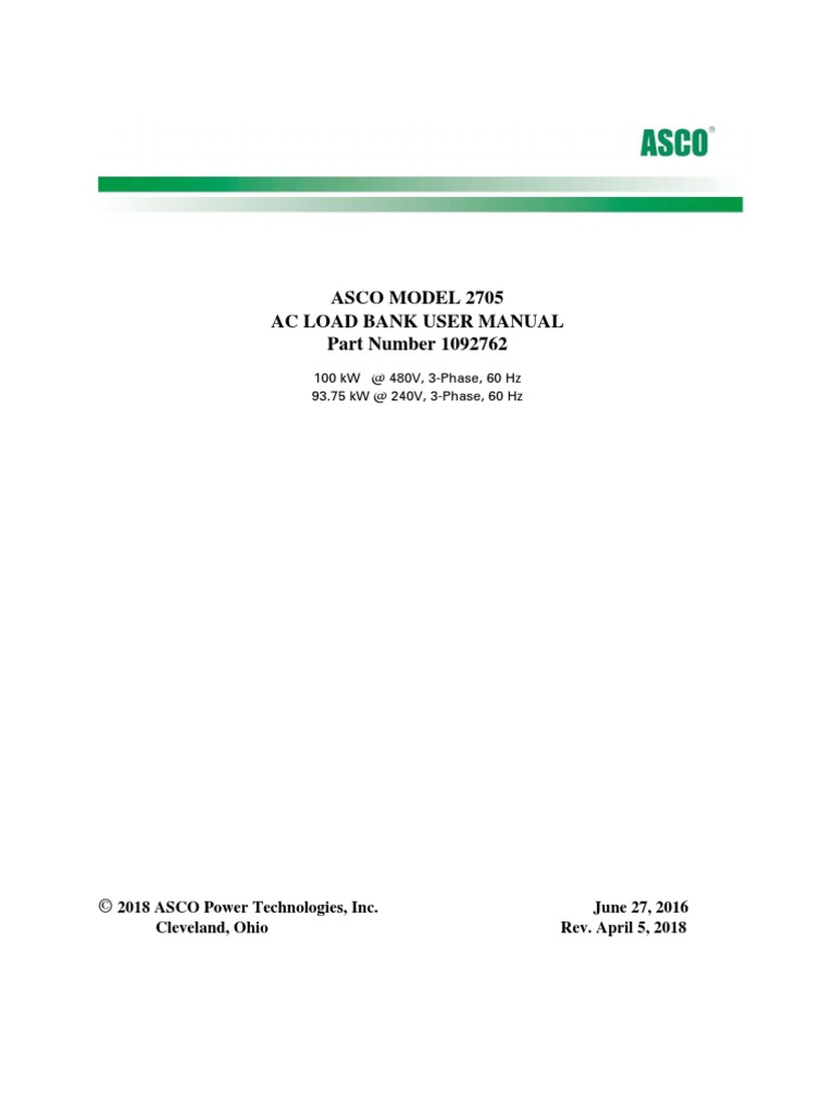 Asco Model 2705 Ac Load Bank User Manual Part Number 1092762 PDF Mains Electricity