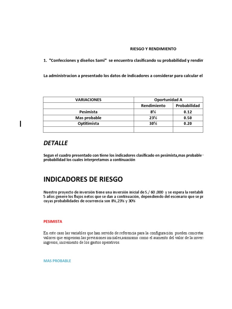 Análisis De Riesgo Y Rendimiento De Una Inversión En La Empresa