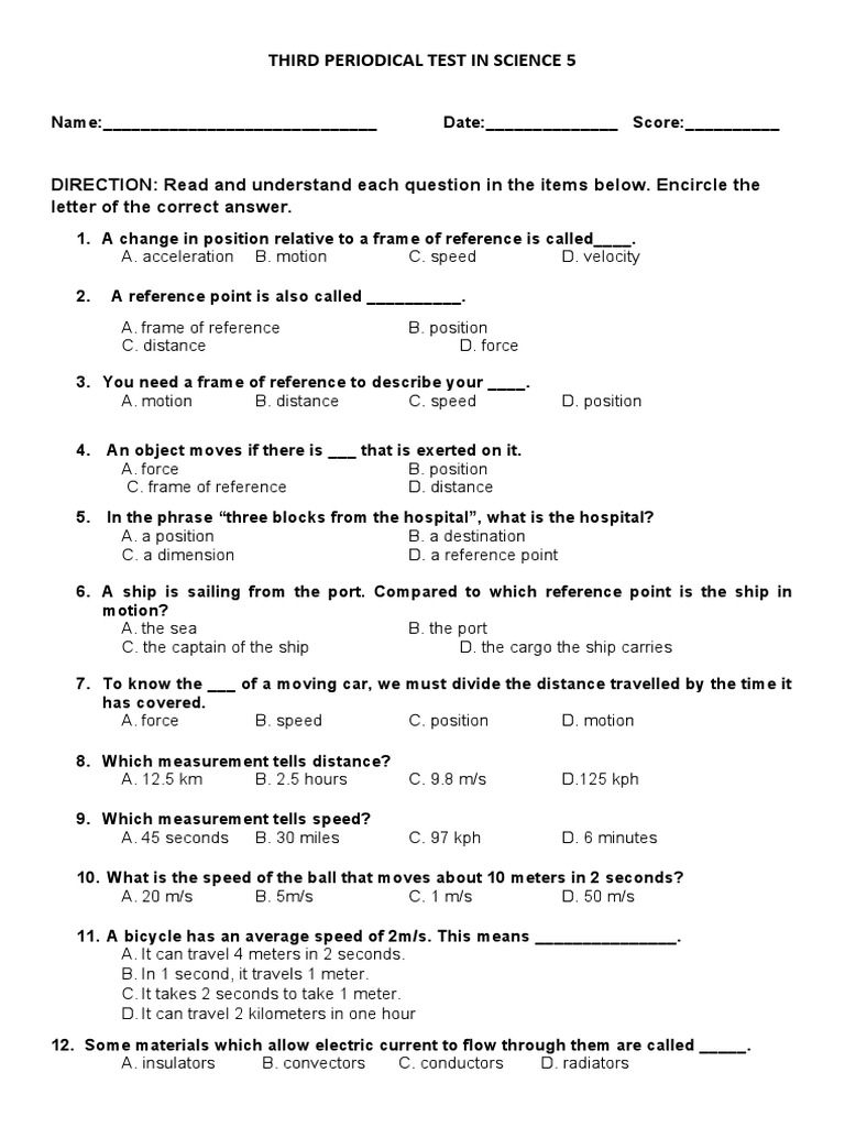 Q3 Science 5 Periodical Test Questions No Heading | PDF | Speed ...