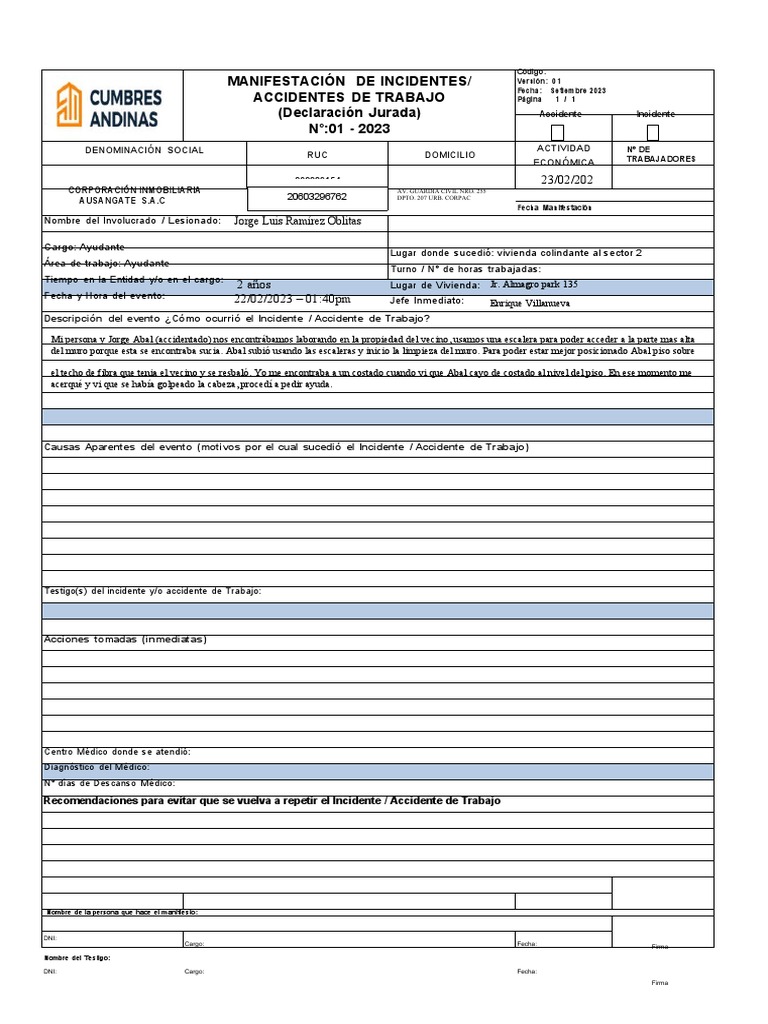 Cih-Fo-Sgsst-031 - Manifestacion de Incidentes o Accidentes de Trabajo ...