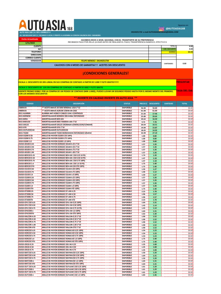 Aa168 Lista de Precio Auto Asia 168 31-01-2023 | PDF
