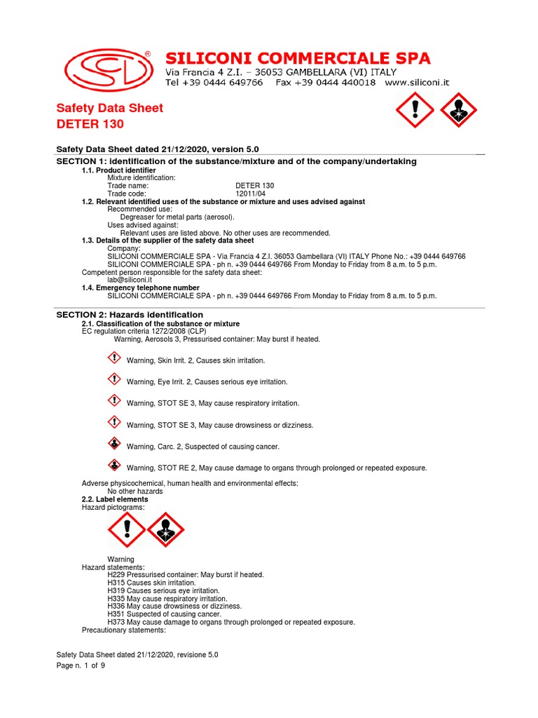 DETER 130 Safety Data Sheet Overview | PDF | Dangerous Goods | Toxicity