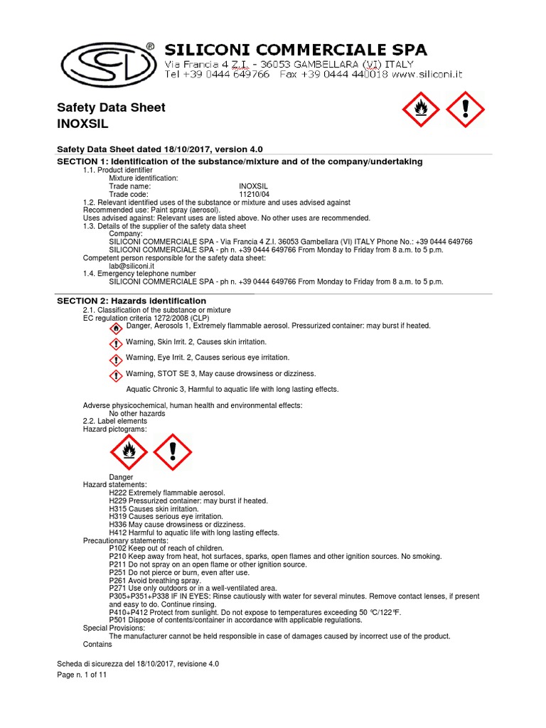 Safety Data Sheet for INOXSIL Aerosol Paint Spray Hazards
