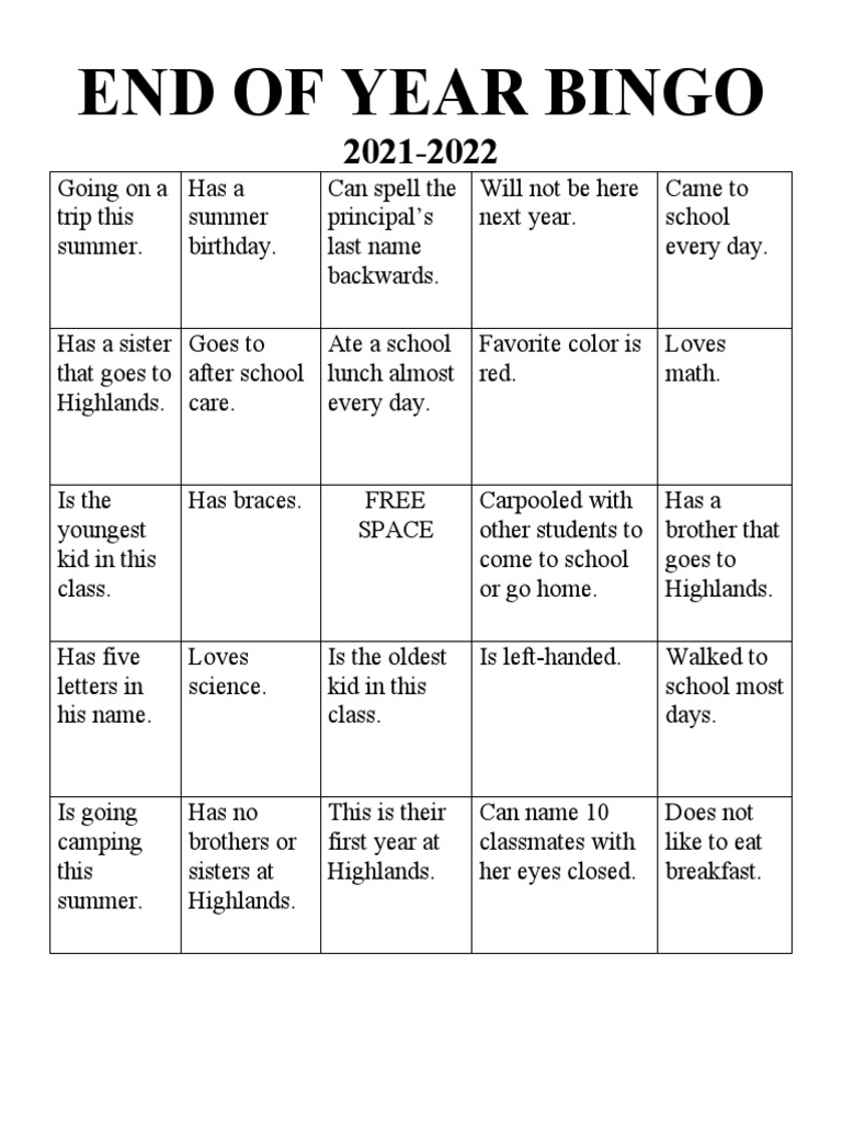 End of Year Bingo PDF