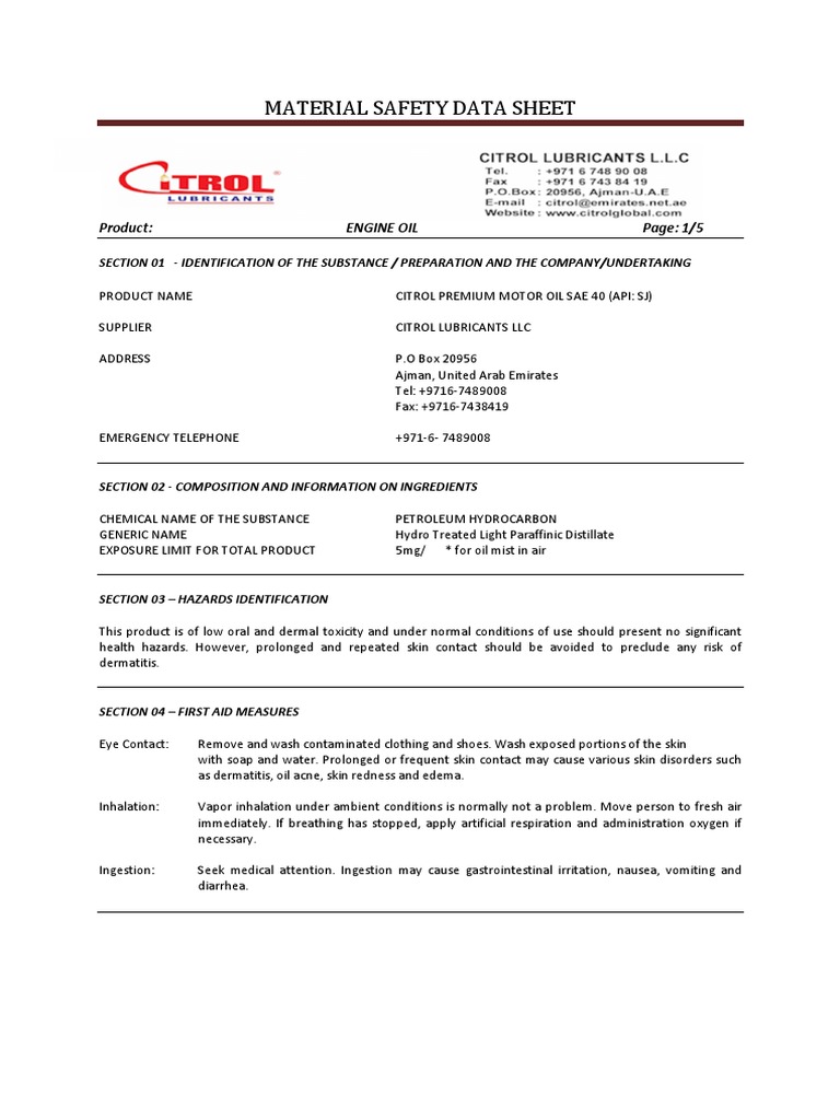 MSDS PREMIUM MOTOR OIL API SJ SAE 40 Material Safety Certificate Citrol