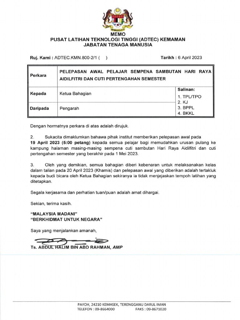 Pelepasan Awal Cuti Raya Aidilfitri | PDF