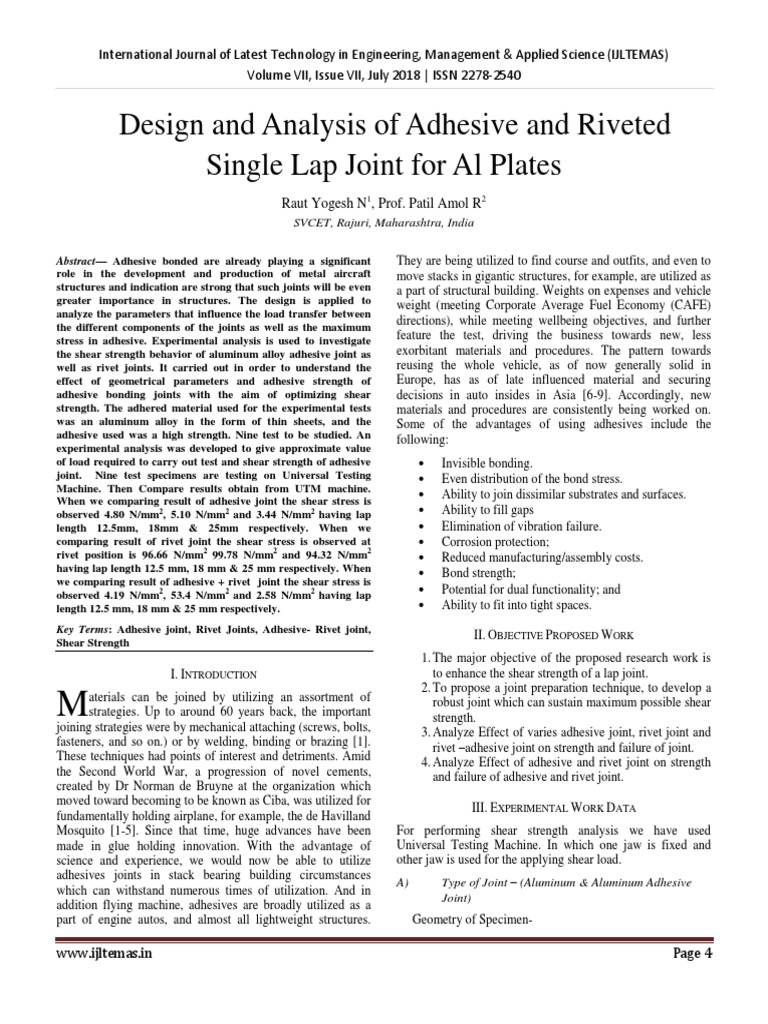 Design and Analysis of Adhesive and Riveted Single Lap Joint For Al