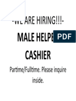 We Are Hiring!!!-: Male Helper Cashier