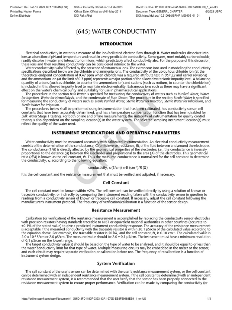 USP Chapter 645: Water Conductivity Limits | PDF | Ion | Calibration
