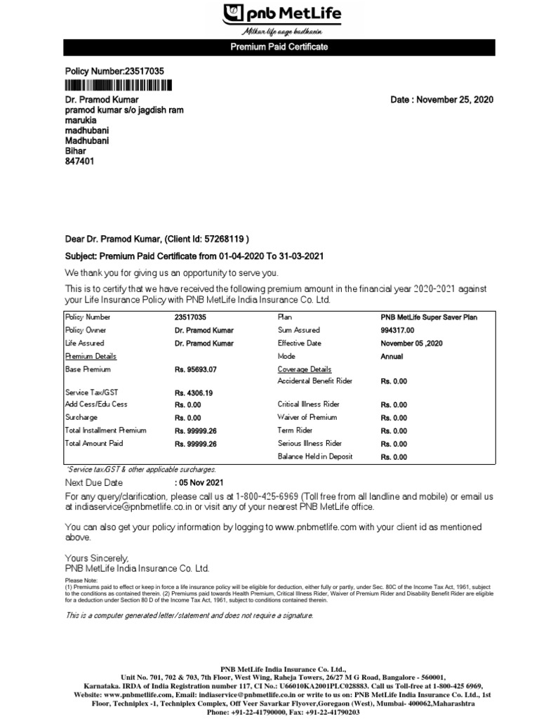 Premium Paid Certificate PDF Insurance Life Insurance