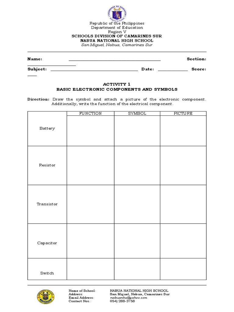 Activity 12 Electronic Components Symbols Functions Tools Functions