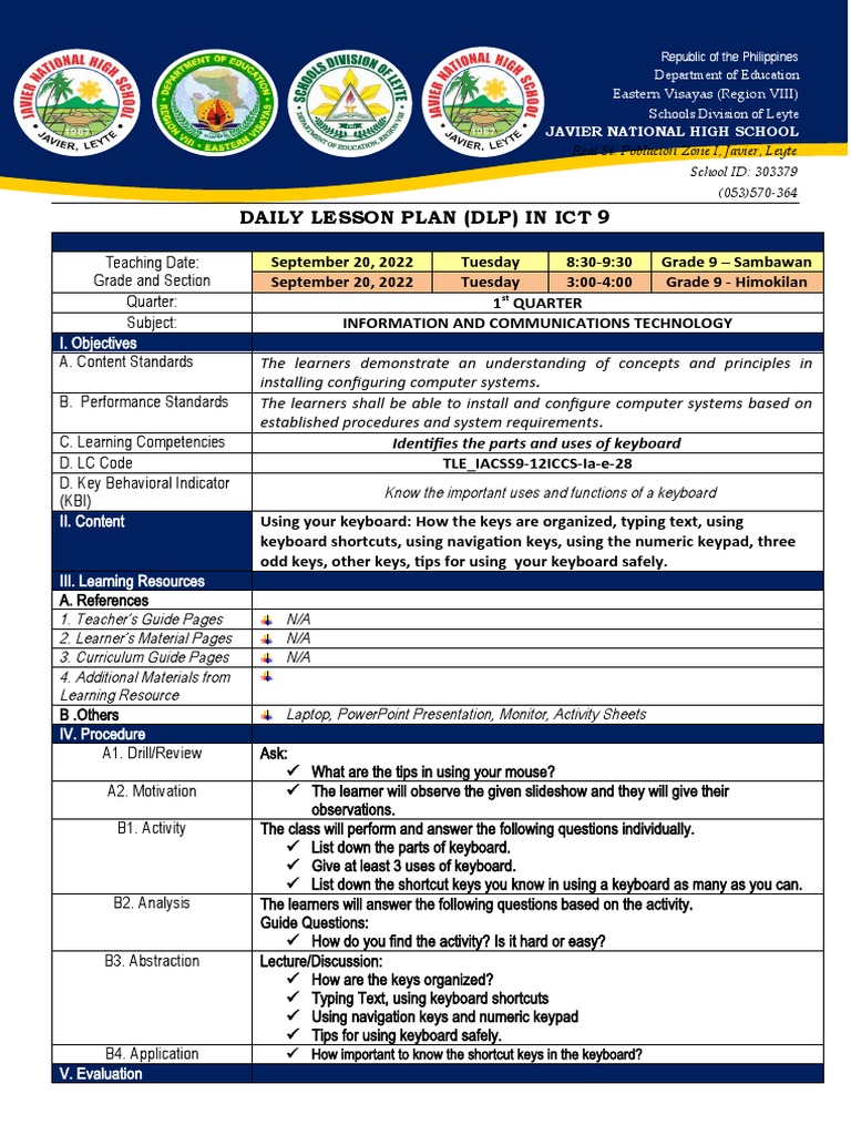 Daily Lesson Plan (DLP) in Ict 9 I. Objectives PDF Computer