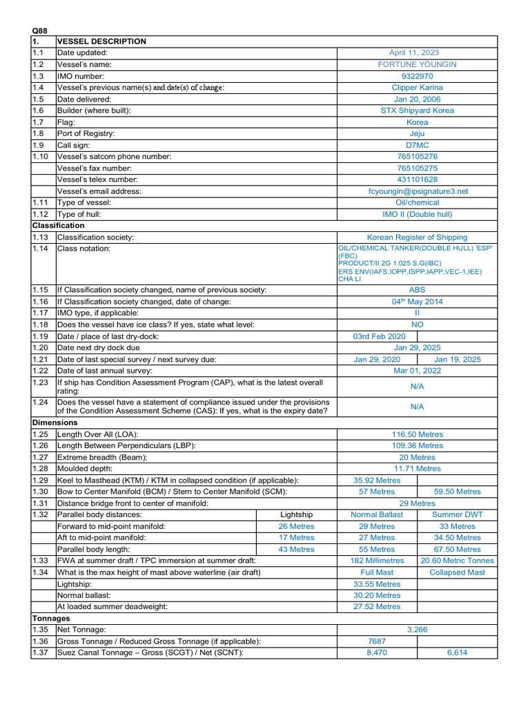 Q88 1. Vessel Description: April 11, 2023 Fortune Youngin | PDF ...