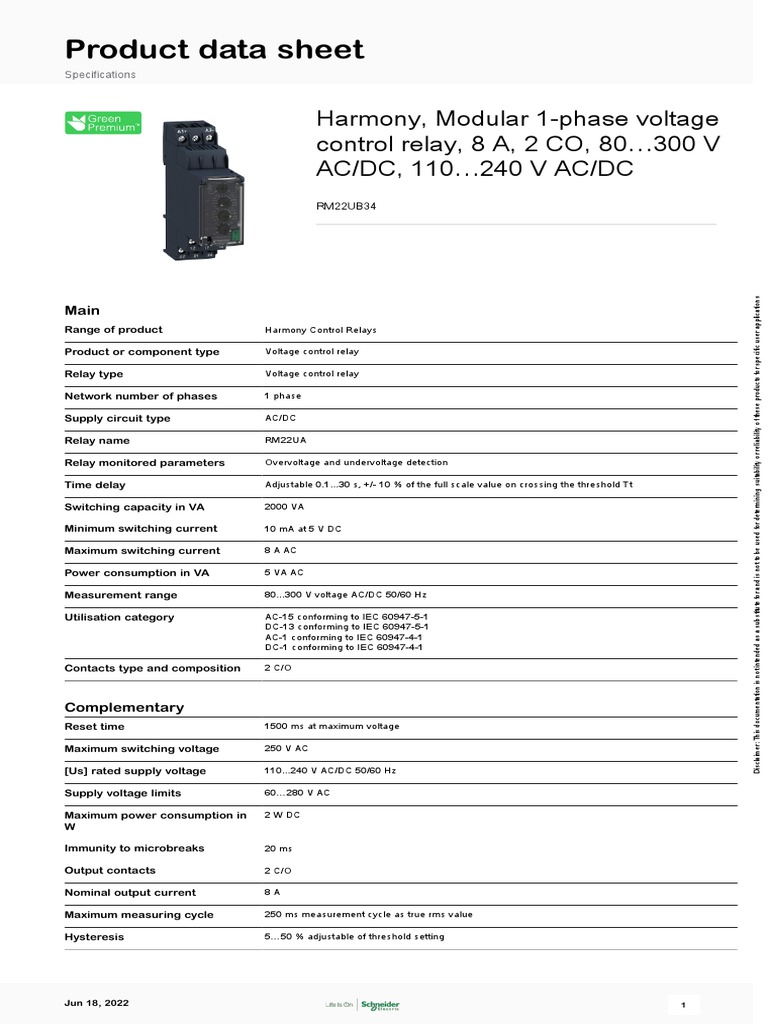 RM22UB34 Voltage Control Relay Specs | PDF | Relay | Alternating Current