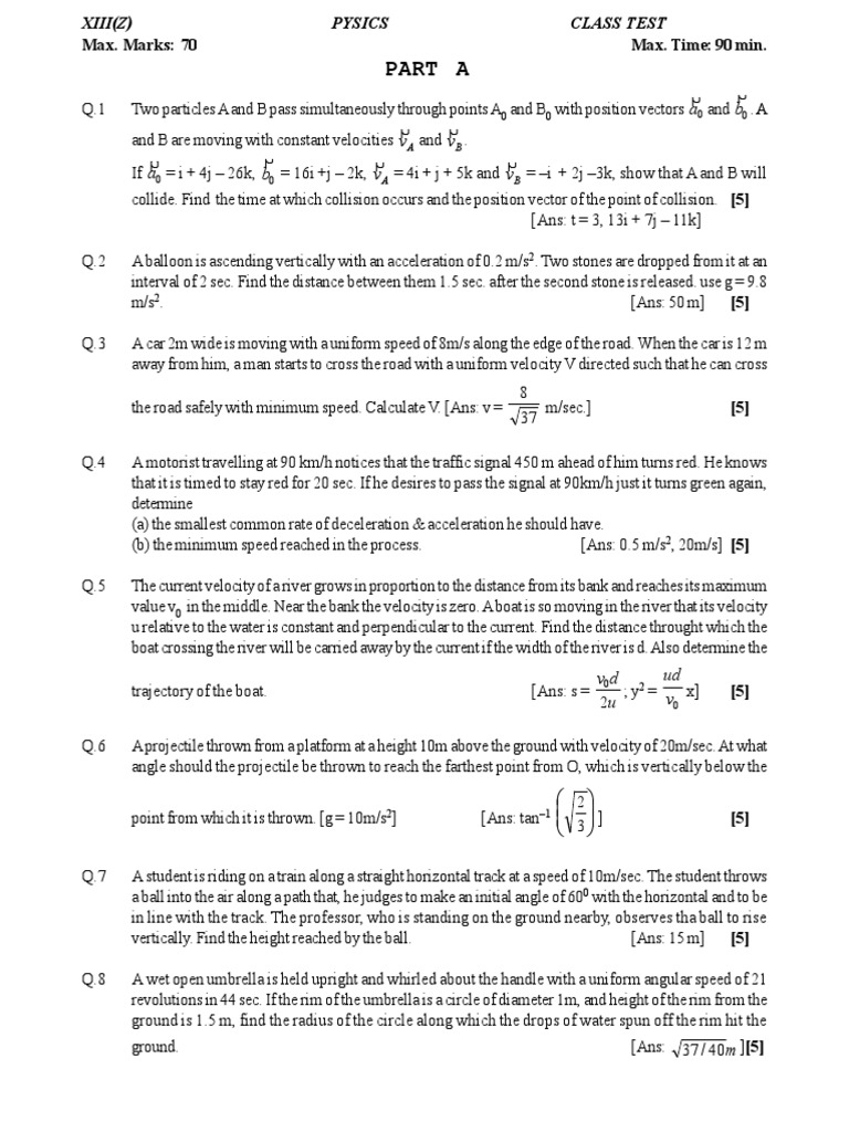 Physics Class Test Questions and Solutions | PDF | Acceleration | Velocity