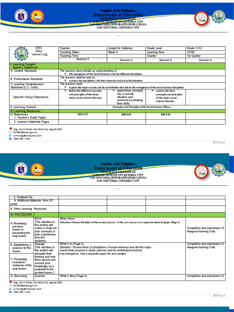 Grade 11/12 Daily Lesson Log: Social Sciences | PDF | Concept | Science