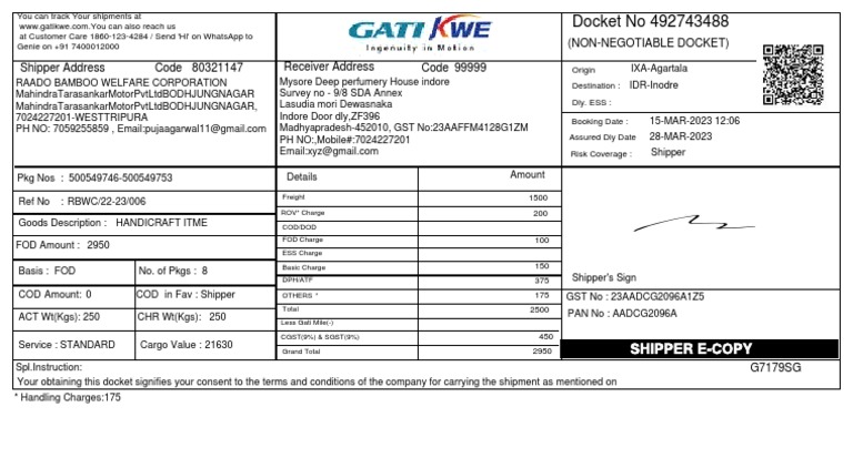 (Non-Negotiable Docket) Shipper Address Code 80321147 Code Receiver ...