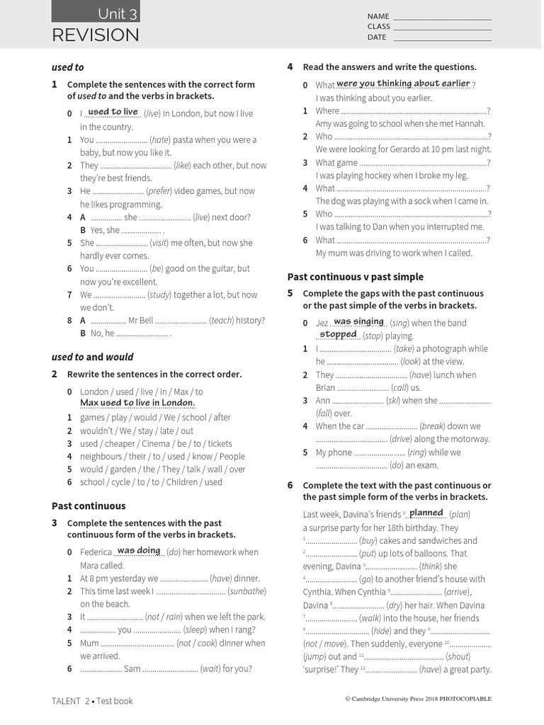 Talent Level 2 Revision Activities Unit 3 | PDF