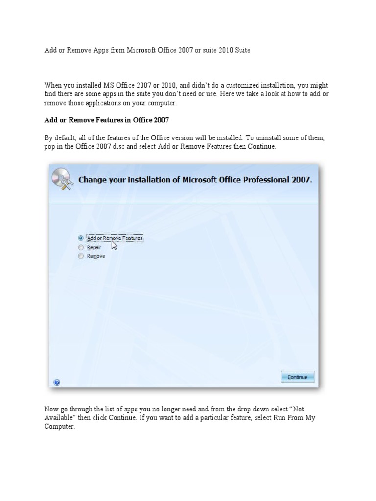 Add or Remove Apps From Microsoft Office 2007 or Suite 2010 Suite | PDF