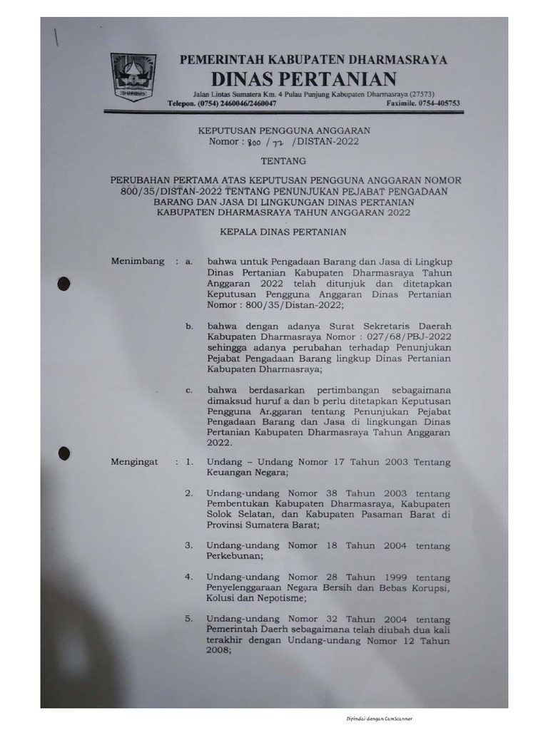 SK Pejabat Pengadaan Barang Dan Jasa Dinas Pertanian - 020822025640 | PDF