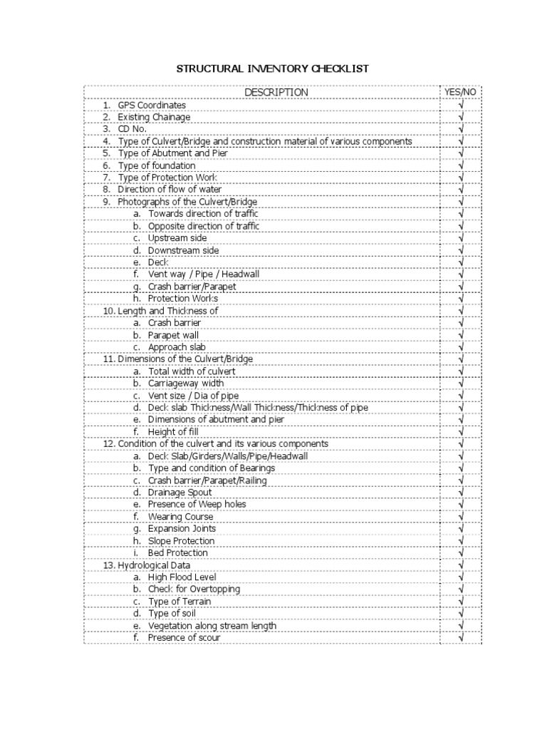 Structural Inventory Checklist PDF Hydrology Environmental
