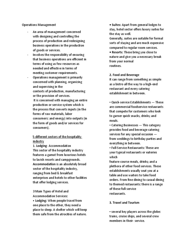 Operations Management in Hospitality | PDF | Restaurants | Foodservice