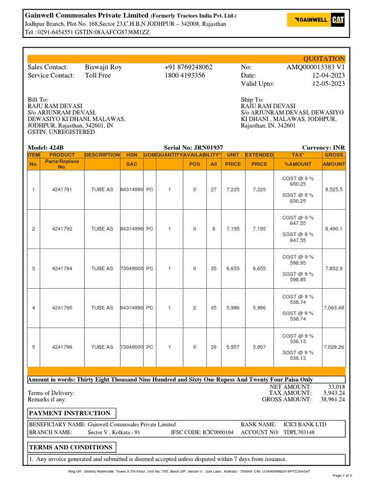 Quotation for Tube Assemblies and Parts for a 424B Tractor Model from ...