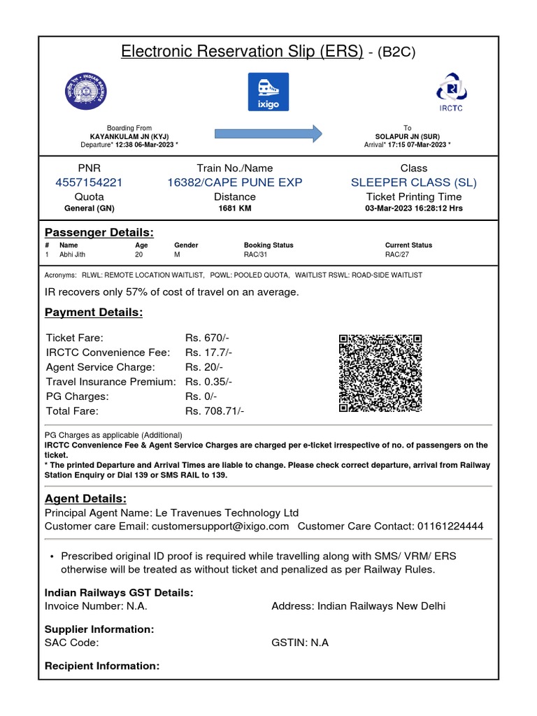Electronic reservation slip ers 4557154221 16382 cape pune exp