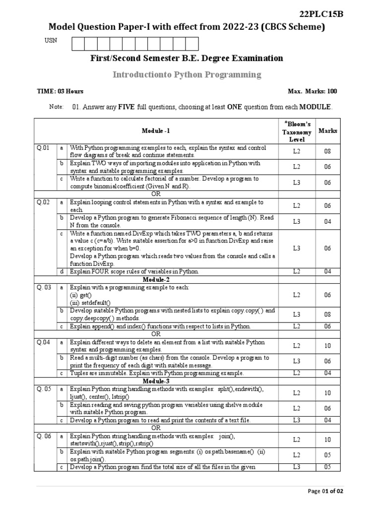 Python Programming Model Question Paper | PDF | Python (Programming ...