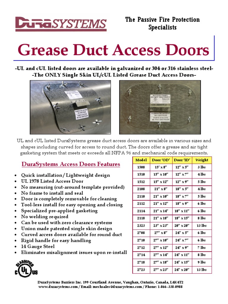 DuraSystems Grease Duct Access Doors Brochure Duct (Flow) Building