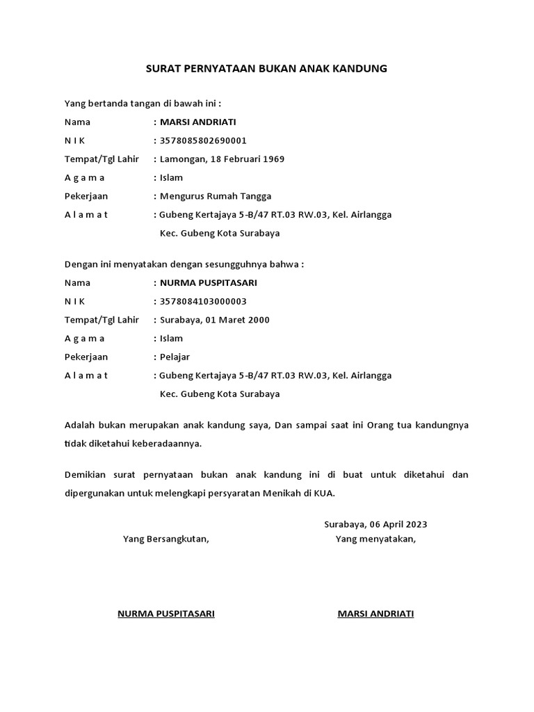 Surat Pernyataan Bukan Anak Kandung | PDF