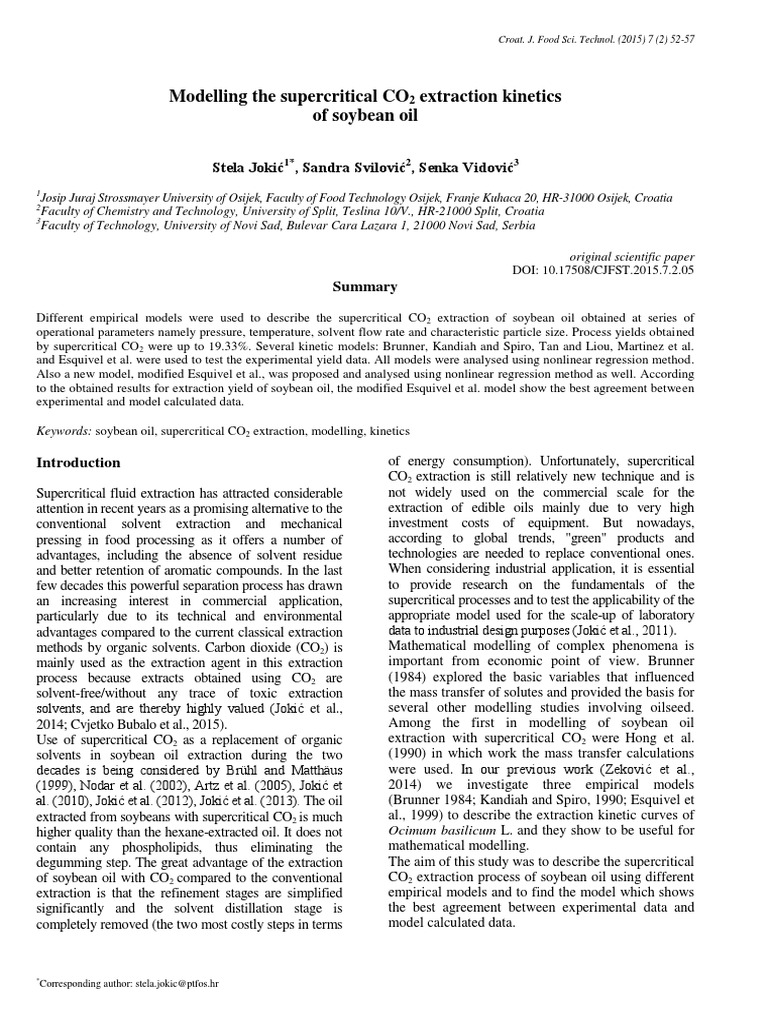 Modelling The Supercritical CO2 Extraction of Soybean Oil PDF Supercritical Fluid