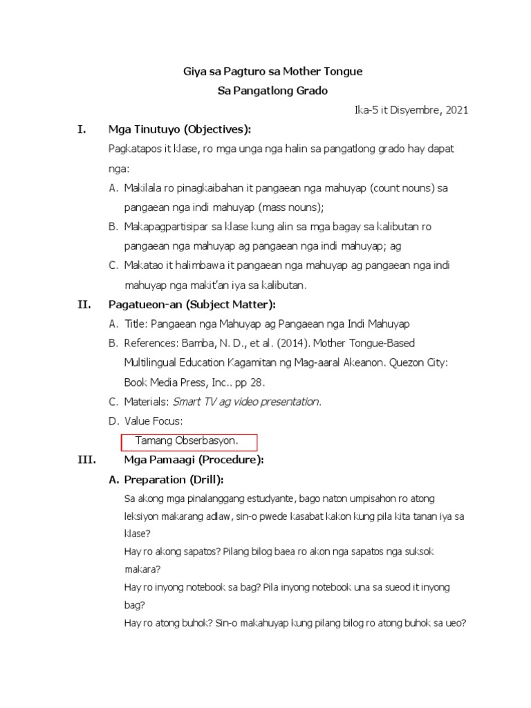 Example of Lesson Plan MTB | PDF