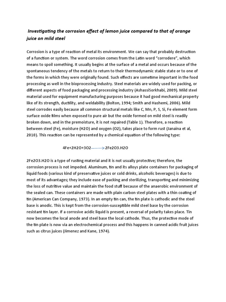 Investigatinhhhg The Corrosion Effect of Lemon Juice Compared To That