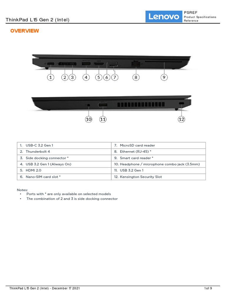 ThinkPad L15 Gen 2 Intel Spec | PDF | Usb | Solid State Drive
