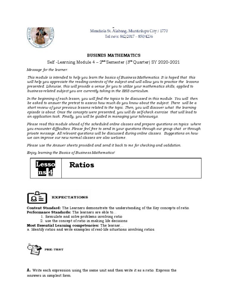 BUS MATH Q3 L4. SLeM - 2S - Q3 - W4 - Ratio | PDF | Ratio | Percentage