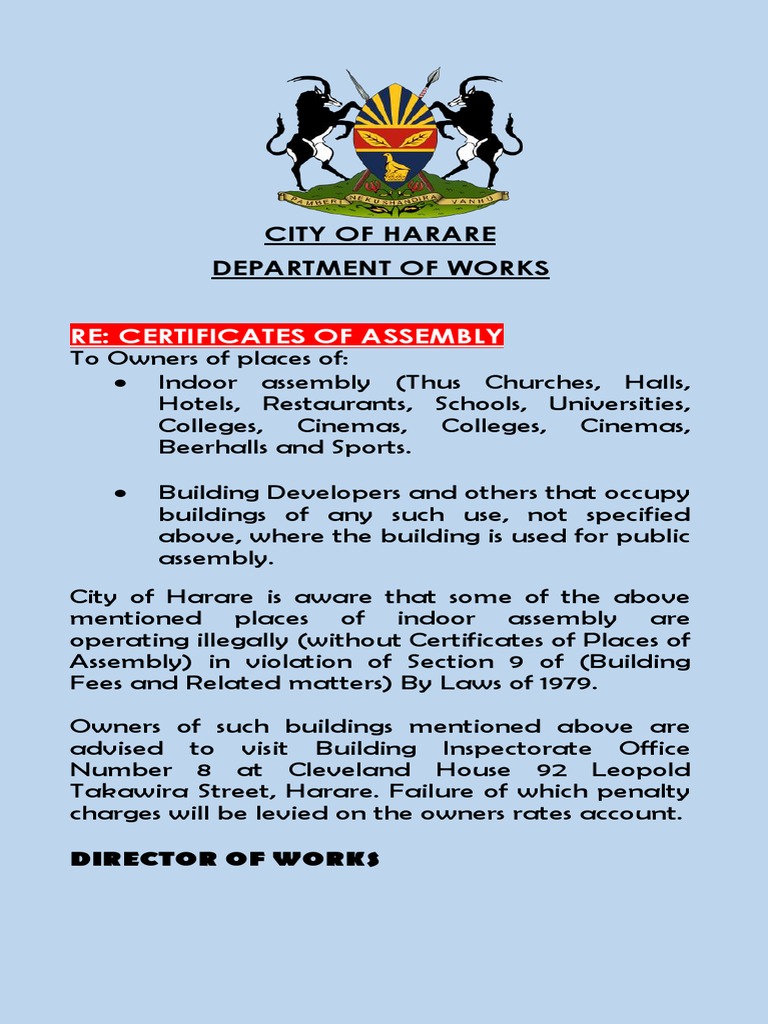Harare Indoor Assembly Notice | PDF | Law | Home & Garden