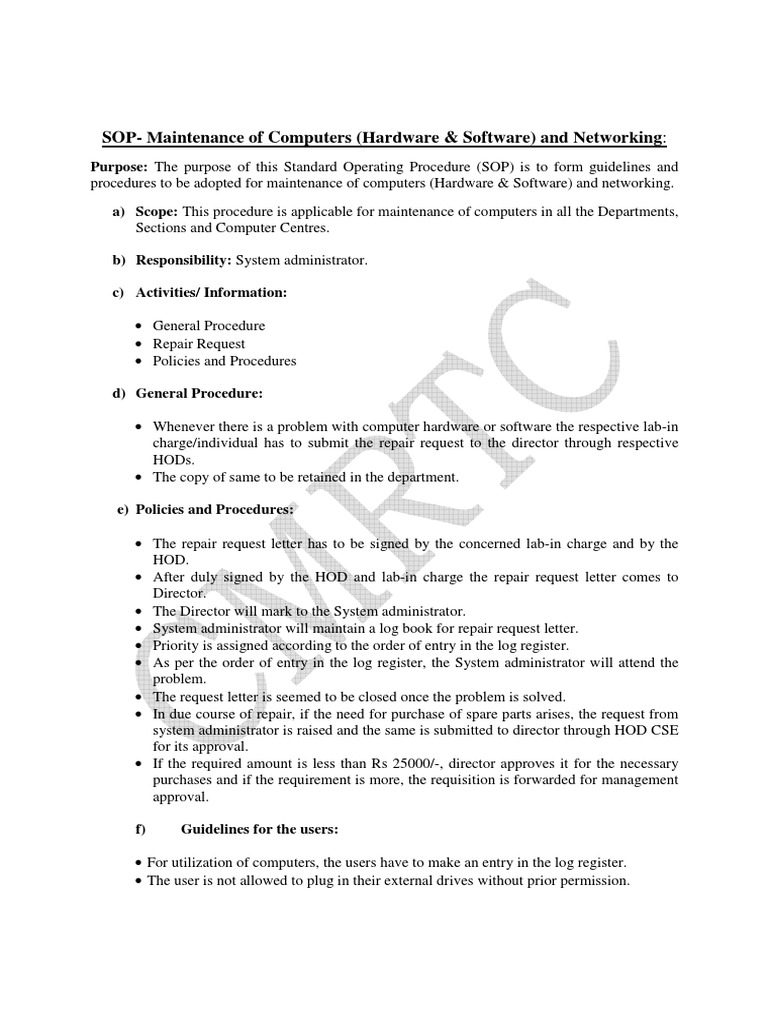 SOPMaintenance of Computers (Hardware & Software) and Networking PDF