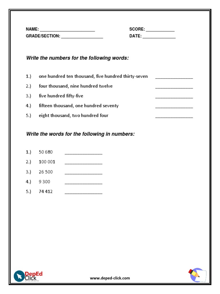 Grade 4 Activity Sheet (Reading and Writing Numbers) Q1 Week 1 | PDF