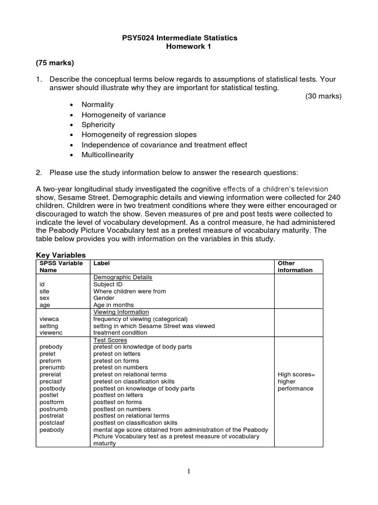 Psy5024 intermediate statistics homework 1 75 marks spss variable