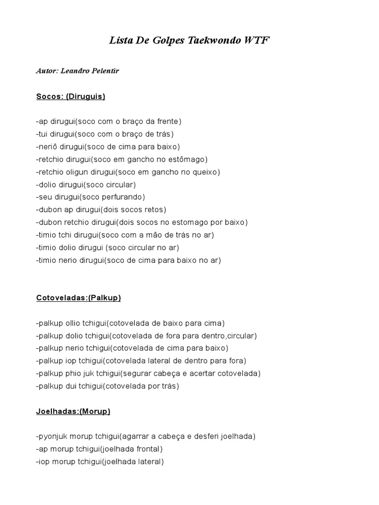 Lista de Golpes Taekwondo WTF | PDF | Combate | Esportes individuais